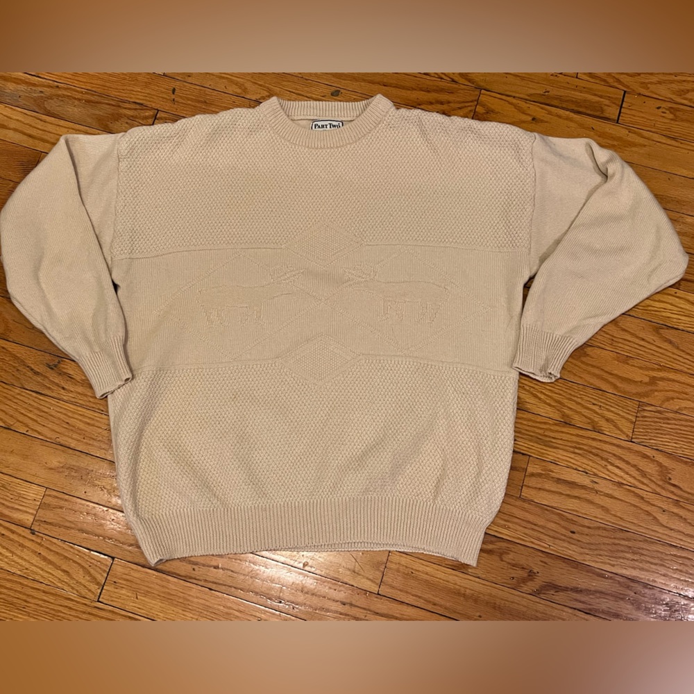 Two Part Vintage Wool Knit Sweater Rancher Moose Detail  Size XL Beige Cream
